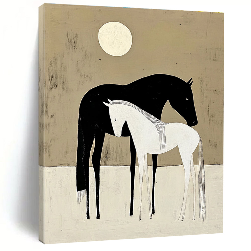 Serene Black and White Horses Under Moon Abstract Painting GAB0034