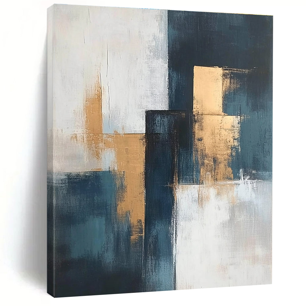 Blue - Gold - White Abstract Blocks Painting with Structured Sophistication WINK374