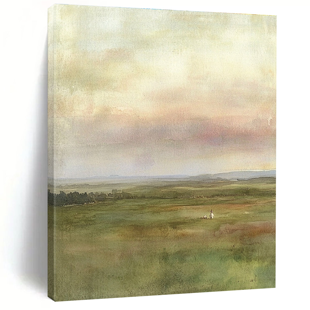 Green Field with Figure - Serene Landscape Watercolor Art GAB0390