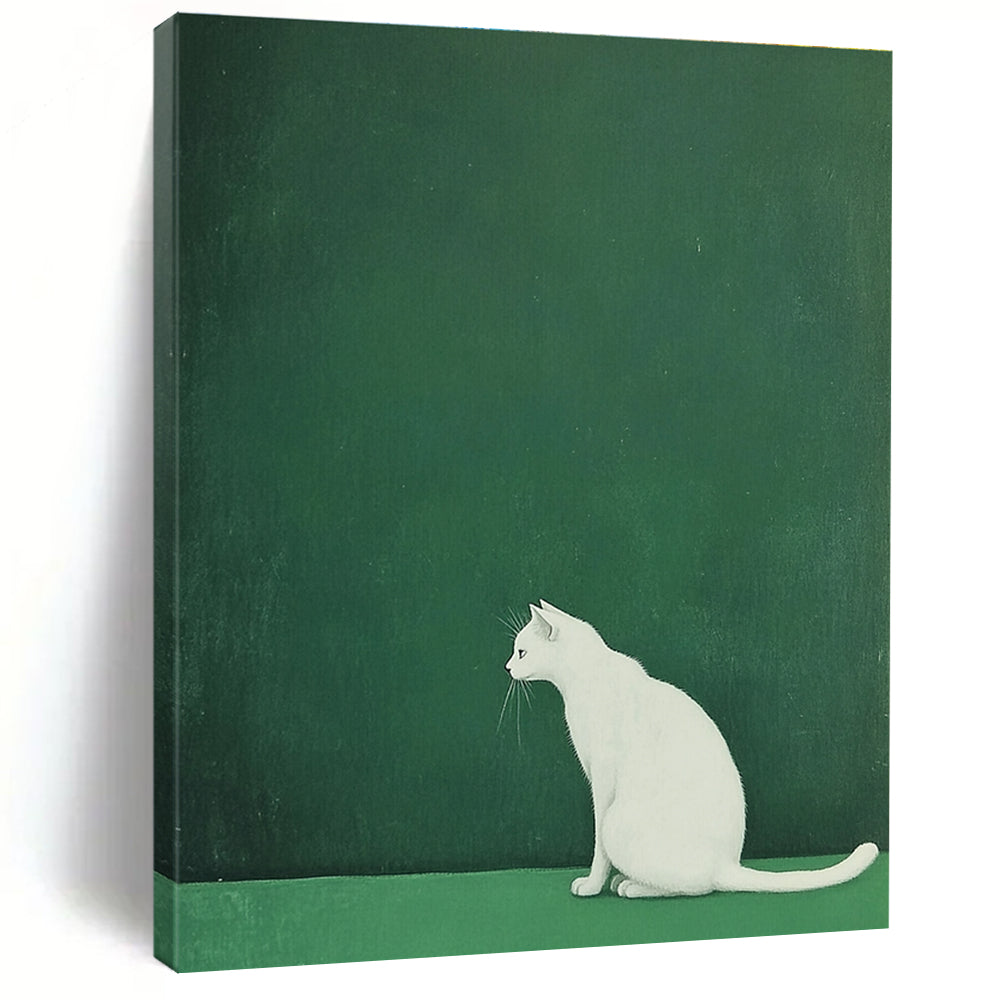 White Cat on Green Minimalist Abstract Painting for Calm Interiors GAB1520