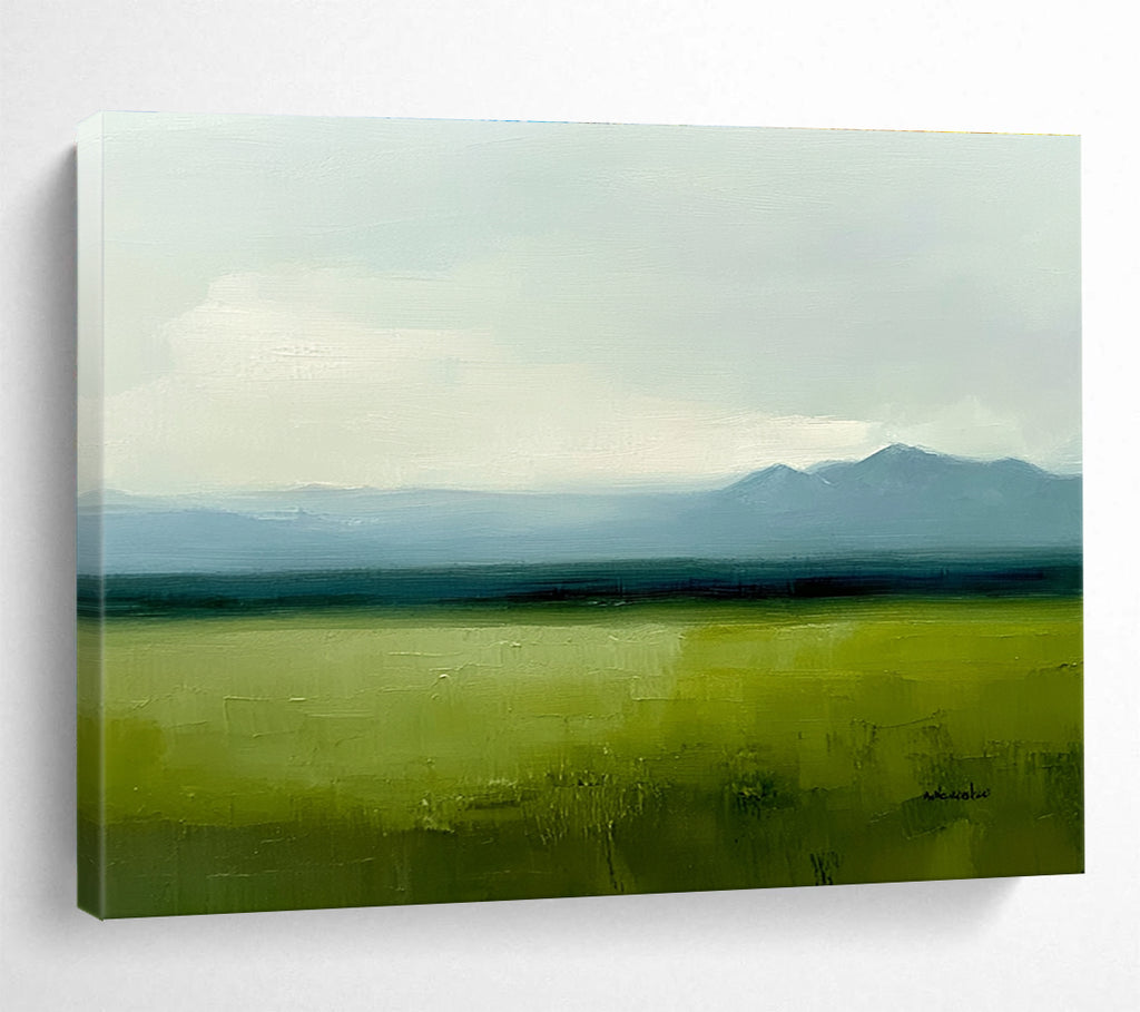 Subtle Green Landscape Painting with Calm Distant Mountains ABS567