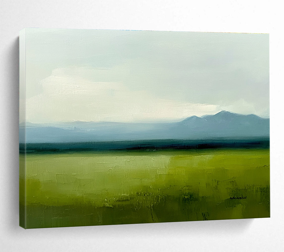 Subtle Green Landscape Painting with Calm Distant Mountains ABS567