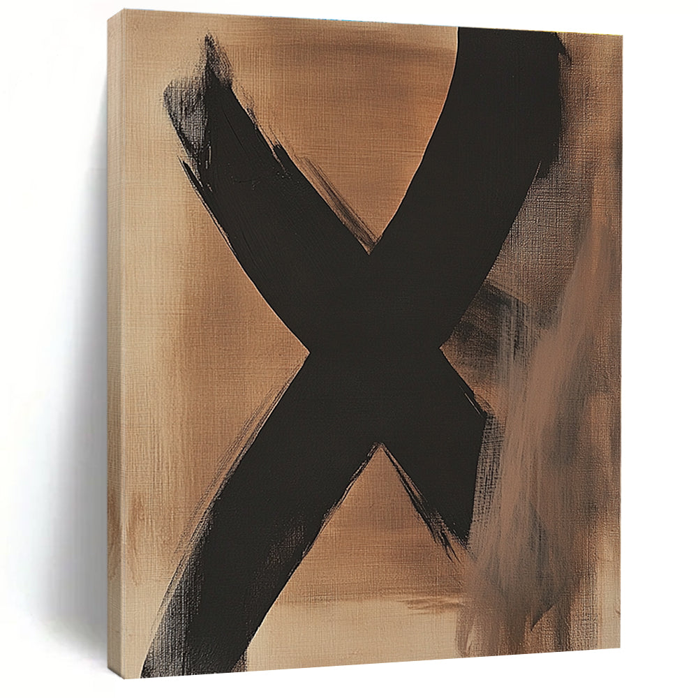 Large Black X on Beige Abstract Painting with Bold Symbolism WINK017