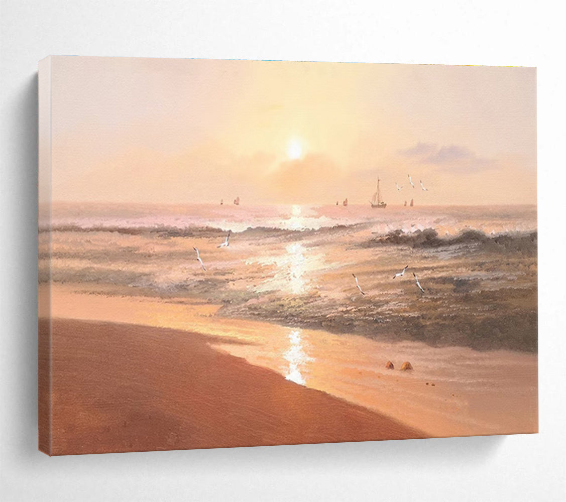 Beach Sunset with Birds Abstract Painting for Coastal Resort Lobbies YHT266