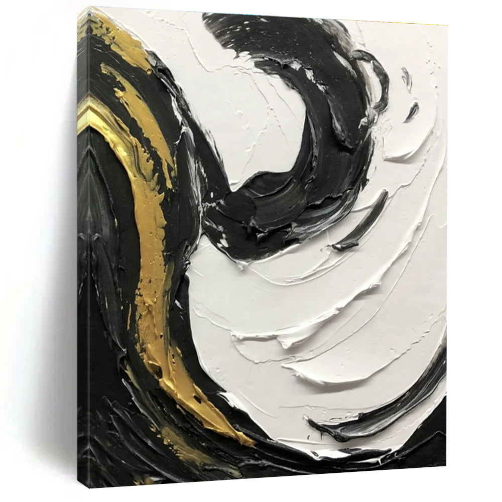 Black - White - Gold Swirl Textured Abstract Painting for Luxury Interiors HENG381