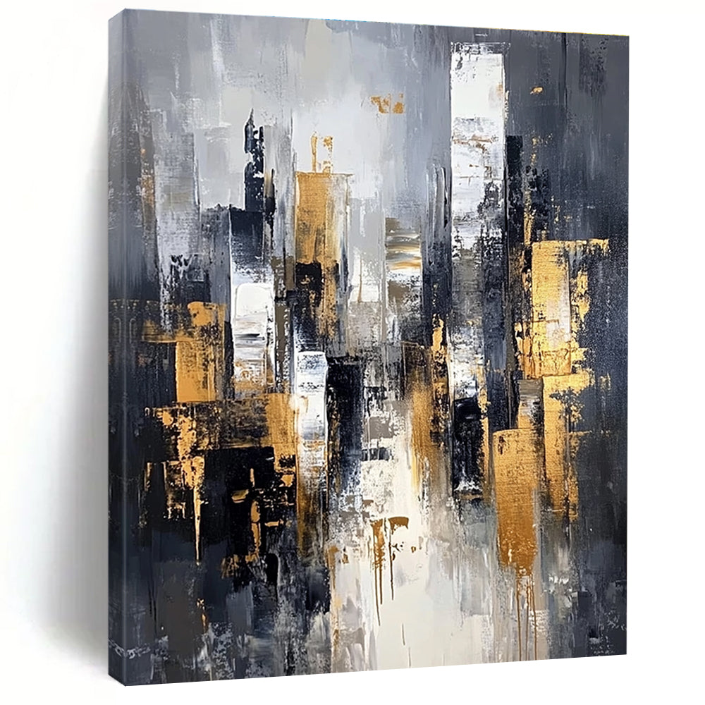 Gray and Gold Cityscape Abstract Painting for Sophisticated Decor GAB0695