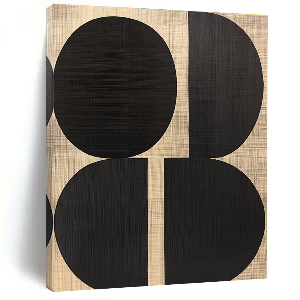 Black Oval Shapes on Woven Background Abstract Painting with Textured Geometry WINK242