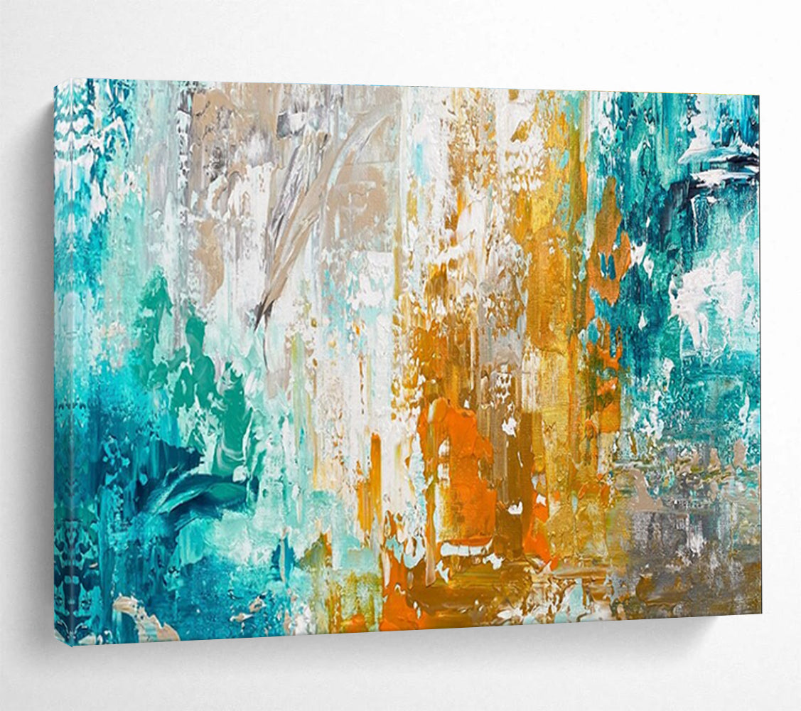 Teal - Gold - Orange Abstract Painting for Coastal Art Galleries YHT382