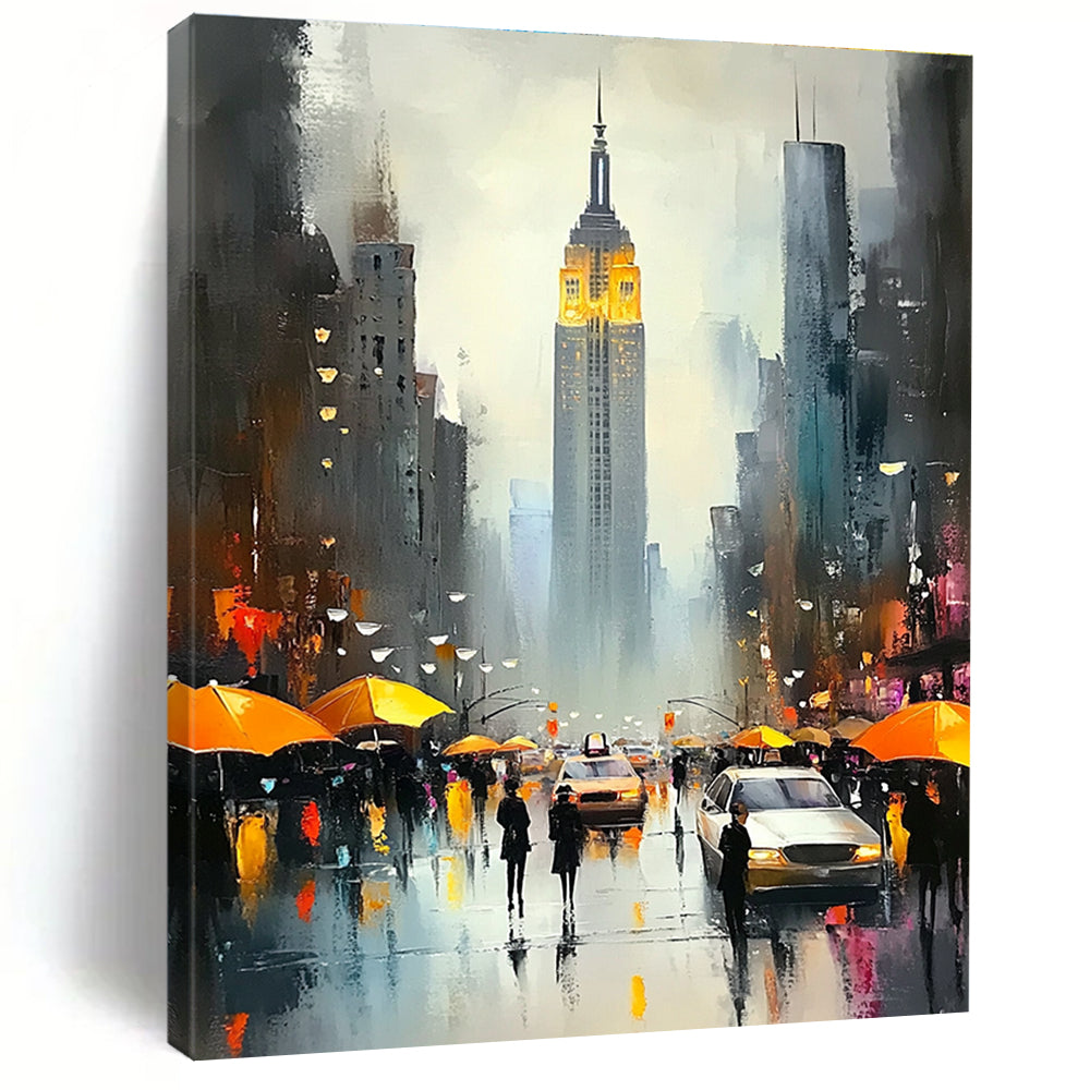 Rainy City Street with Umbrellas Romantic Urban Abstract Painting GAB0287