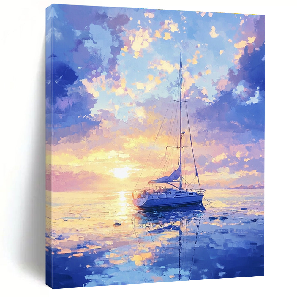 Serene Sailboat Sunset Abstract Painting with Dreamy Colors GAB0015