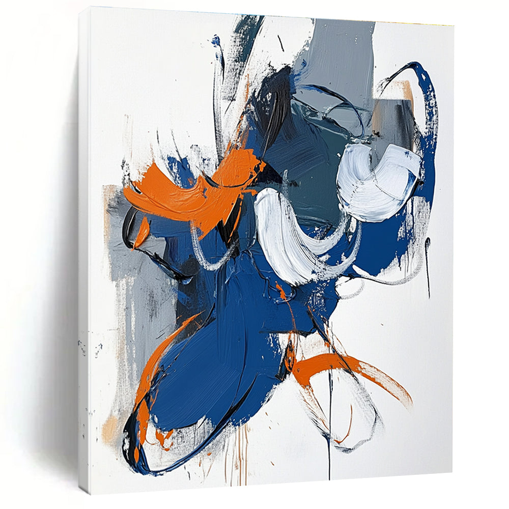 Blue Orange White Abstract Painting with Playful Brushstrokes WINK595