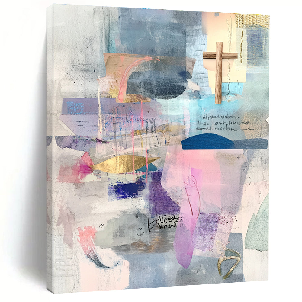 Cross and Color Collage Abstract Painting with Spiritual Whimsy WINK205