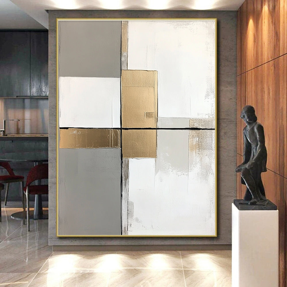 Gray Gold White Abstract Painting with Clean Lines WINK649