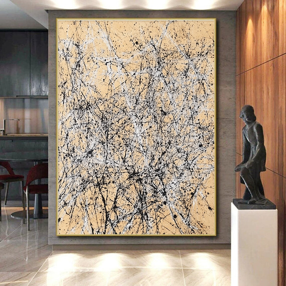 Splattered Ink on Beige Abstract Painting with Dynamic Energy WINK002