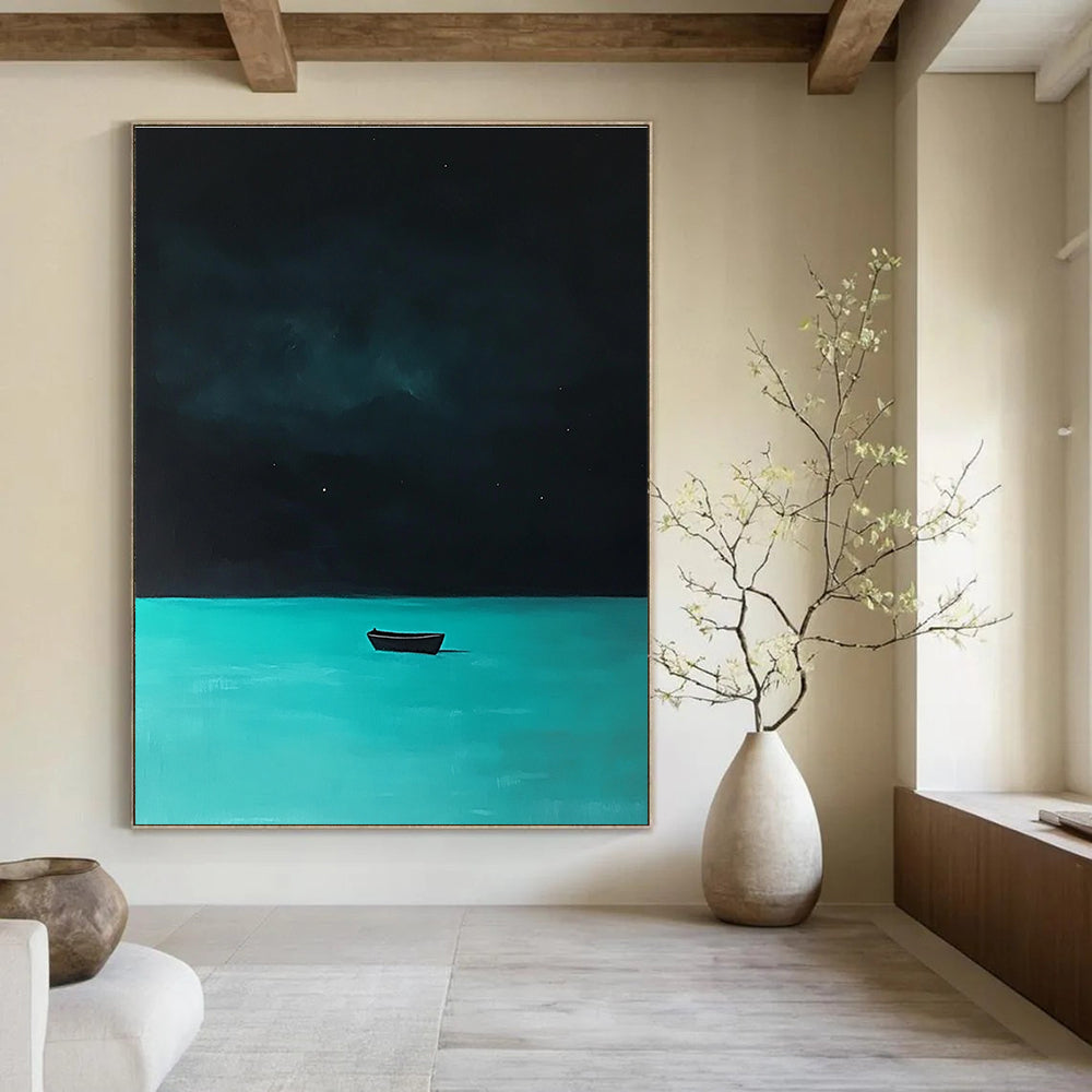 Boat on Turquoise Water at Night Mysterious Seascape Abstract Painting GAB0353