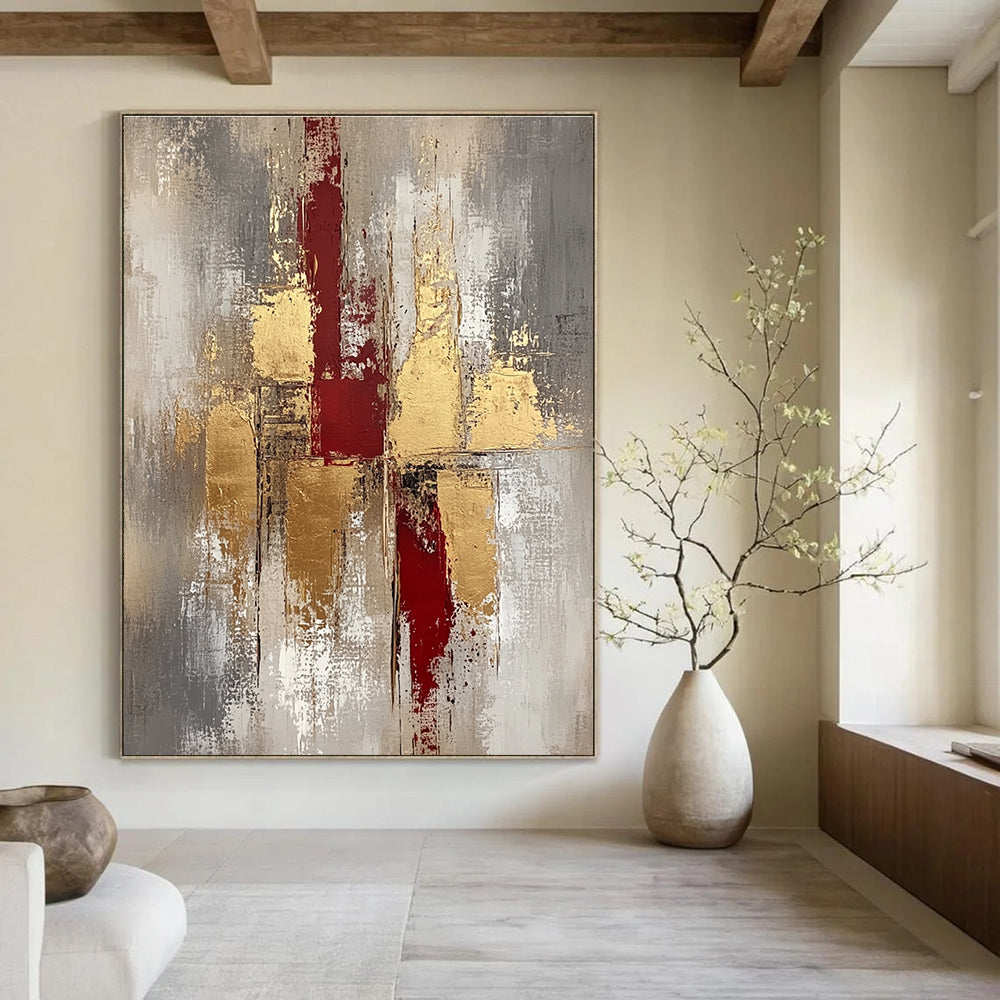Red and Gold Textured Abstract Painting for Luxury Dining Rooms GAB0881