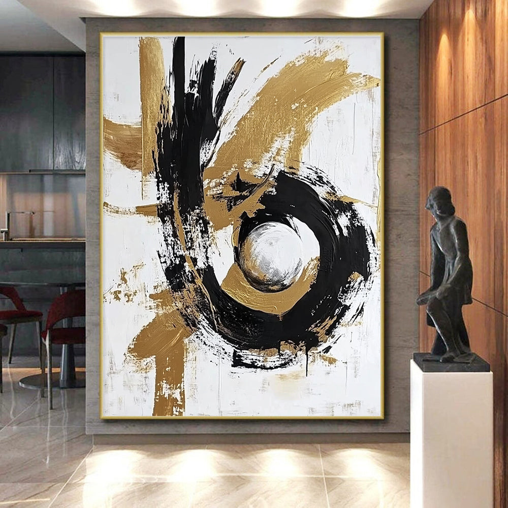 Black Gold Silver Abstract Painting with Metallic Swirls WINK655