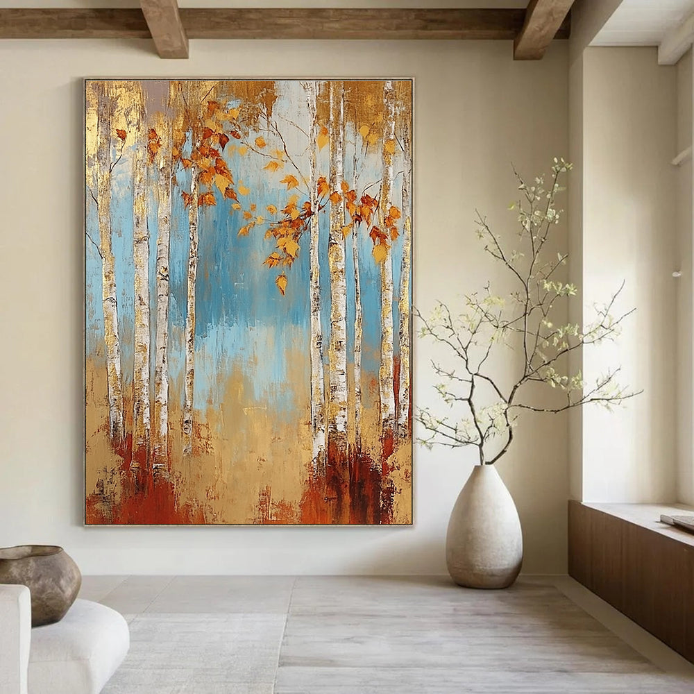 Golden Birch Forest Abstract Painting for Cozy Living Rooms GAB0753