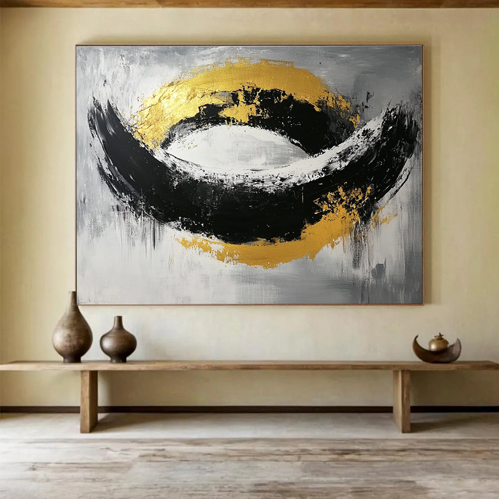 Black, White, and Gold Abstract Painting with Bold Shapes ABS296