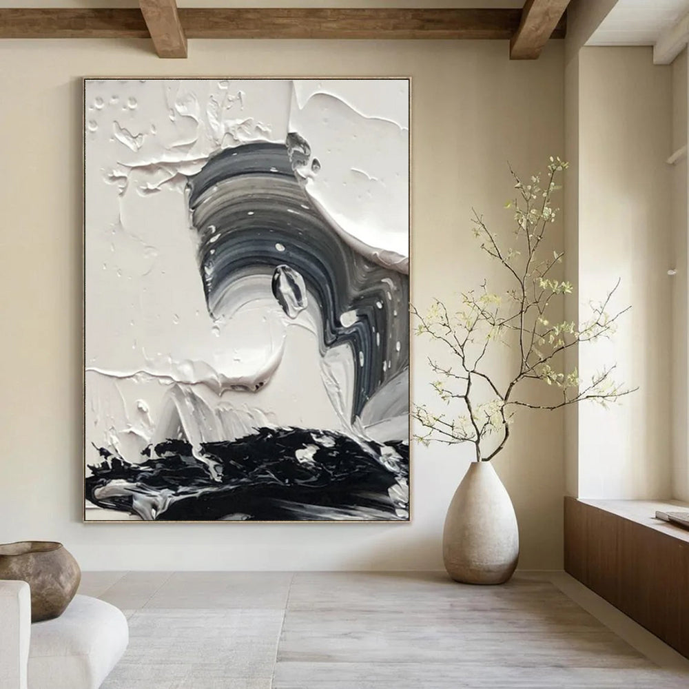 Black and White Swirl Abstract Painting for Dynamic Entryways HENG444
