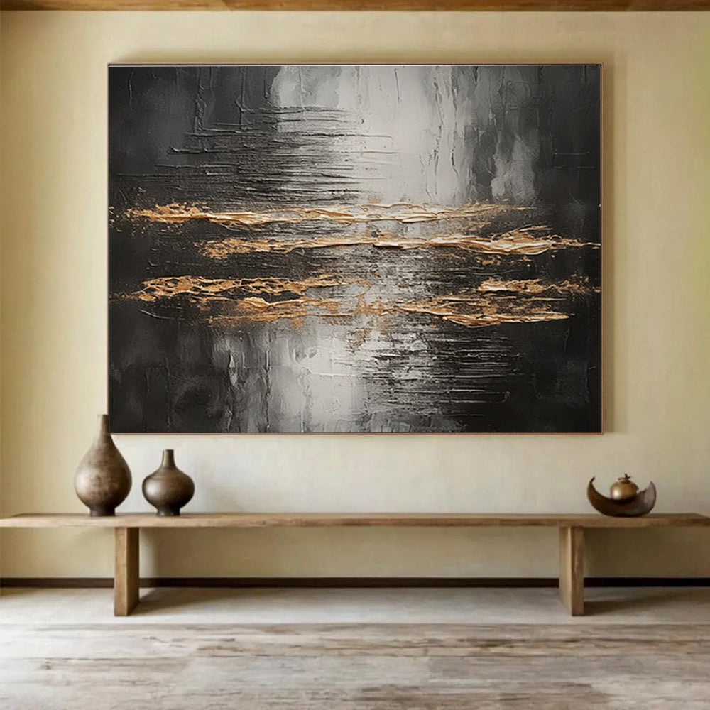 Black and Gold Abstract Stripes Painting for Luxurious Dining Rooms YHT318