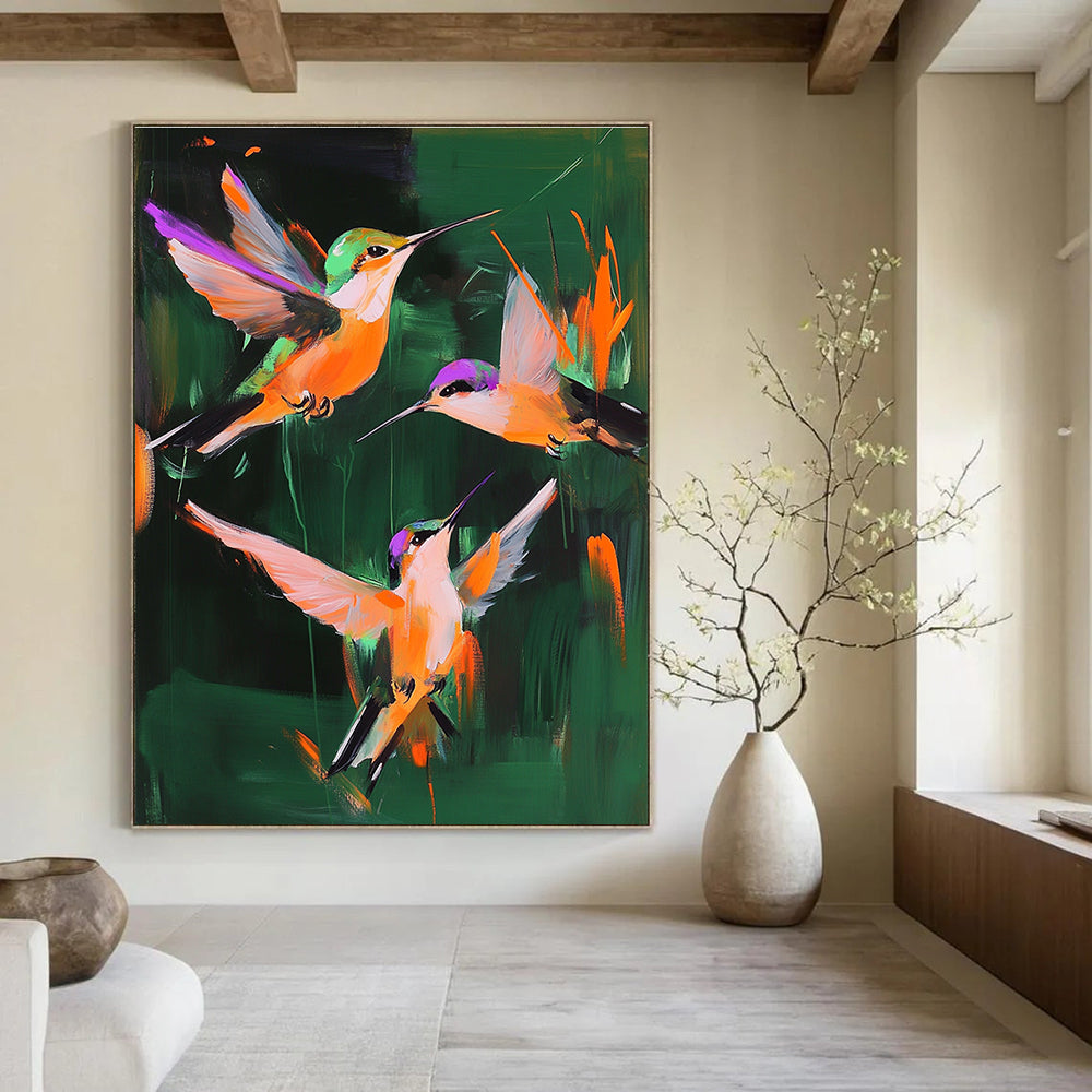Colorful Hummingbirds Abstract Painting of Lively Vitality GAB0148
