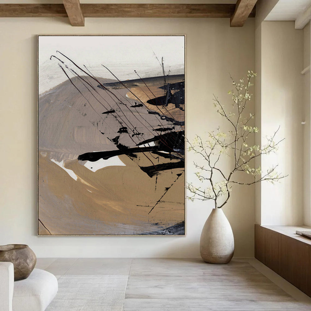 Expressive Black - Beige Abstract Painting for Industrial - Style Cafés HENG201