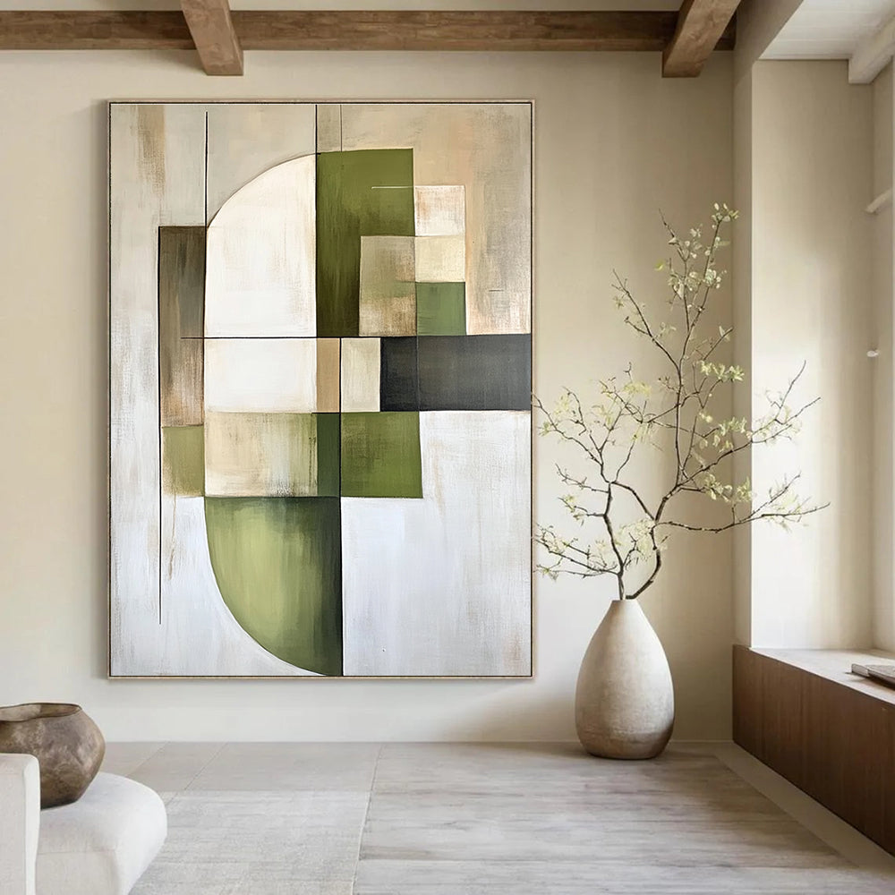 Green and Beige Geometric Abstract Painting for Minimalist - Inspired Offices GAB0903
