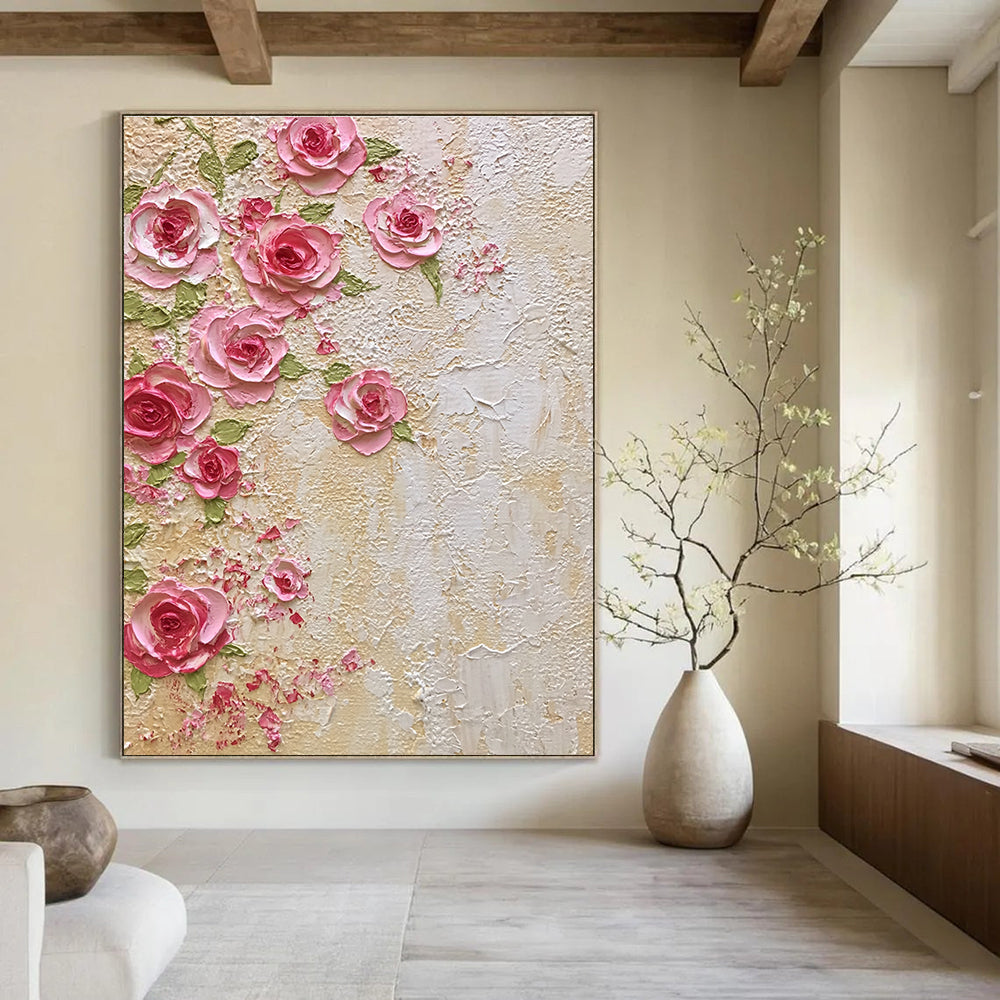 Pink Roses on Textured Wall Abstract Painting with 3D Effect GAB0051