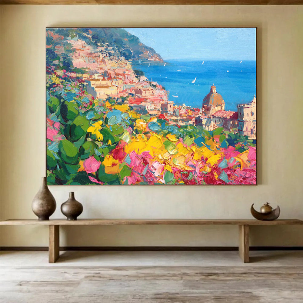 Coastal Town Flowers Abstract Painting for Italian Restaurant Private Dining YHT488