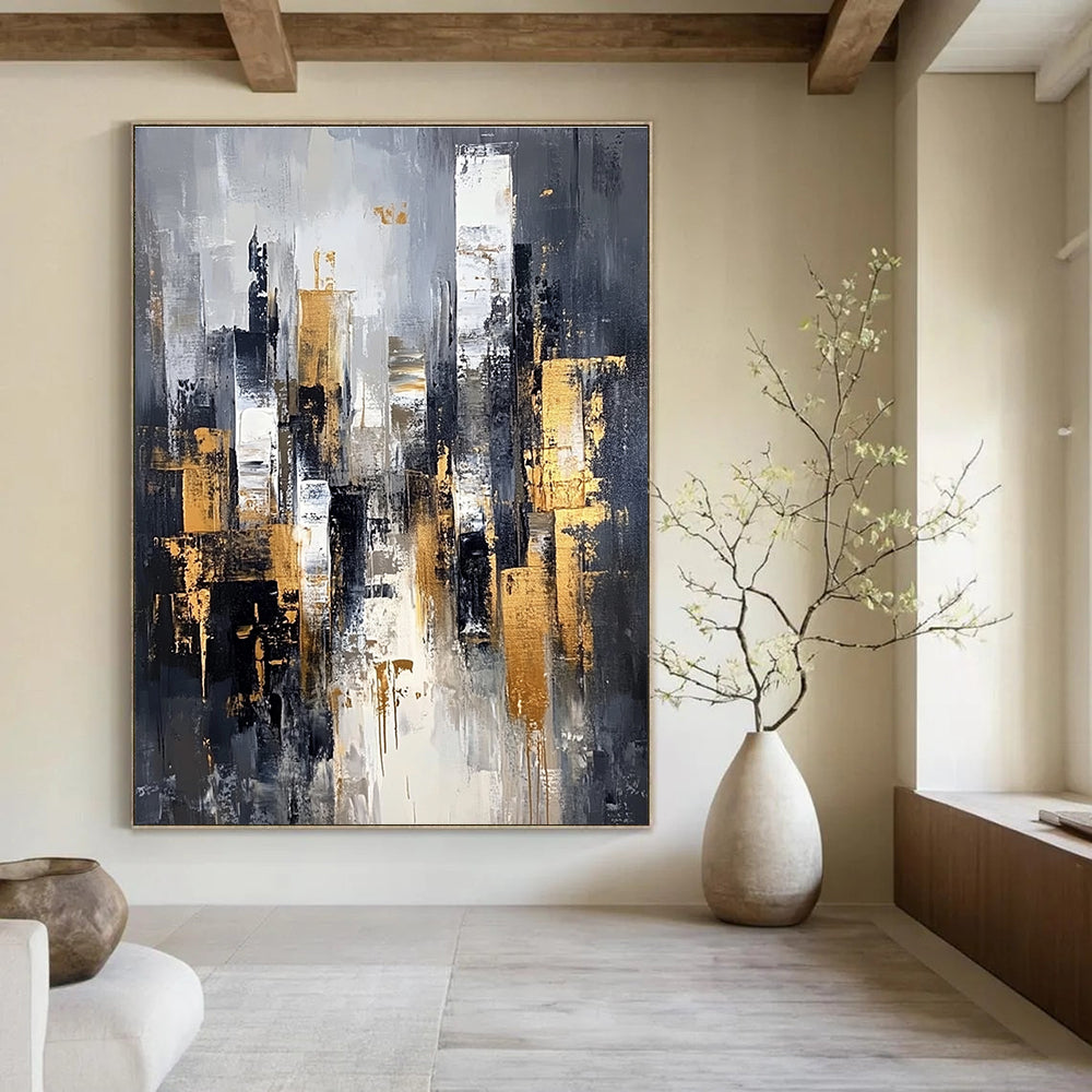 Gray and Gold Cityscape Abstract Painting for Sophisticated Decor GAB0695