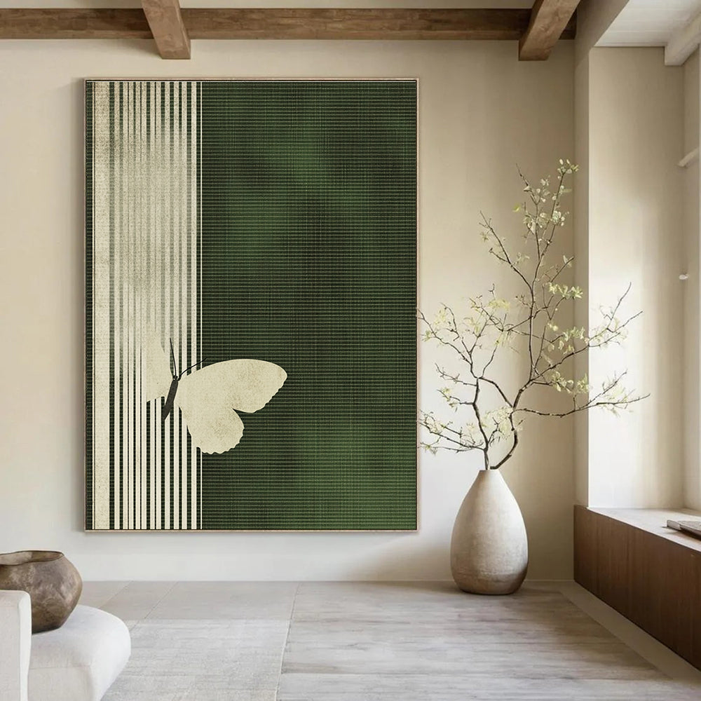 White Butterfly on Green Stripes Abstract Painting of Delicate Contrast GAB0173