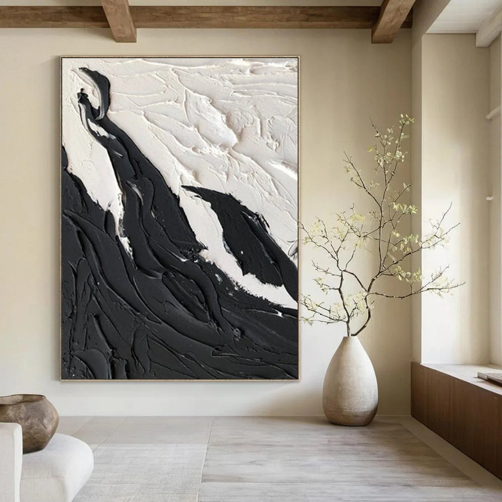 Black - White Textured Landscape Abstract Painting for Minimalist Bedrooms HENG395