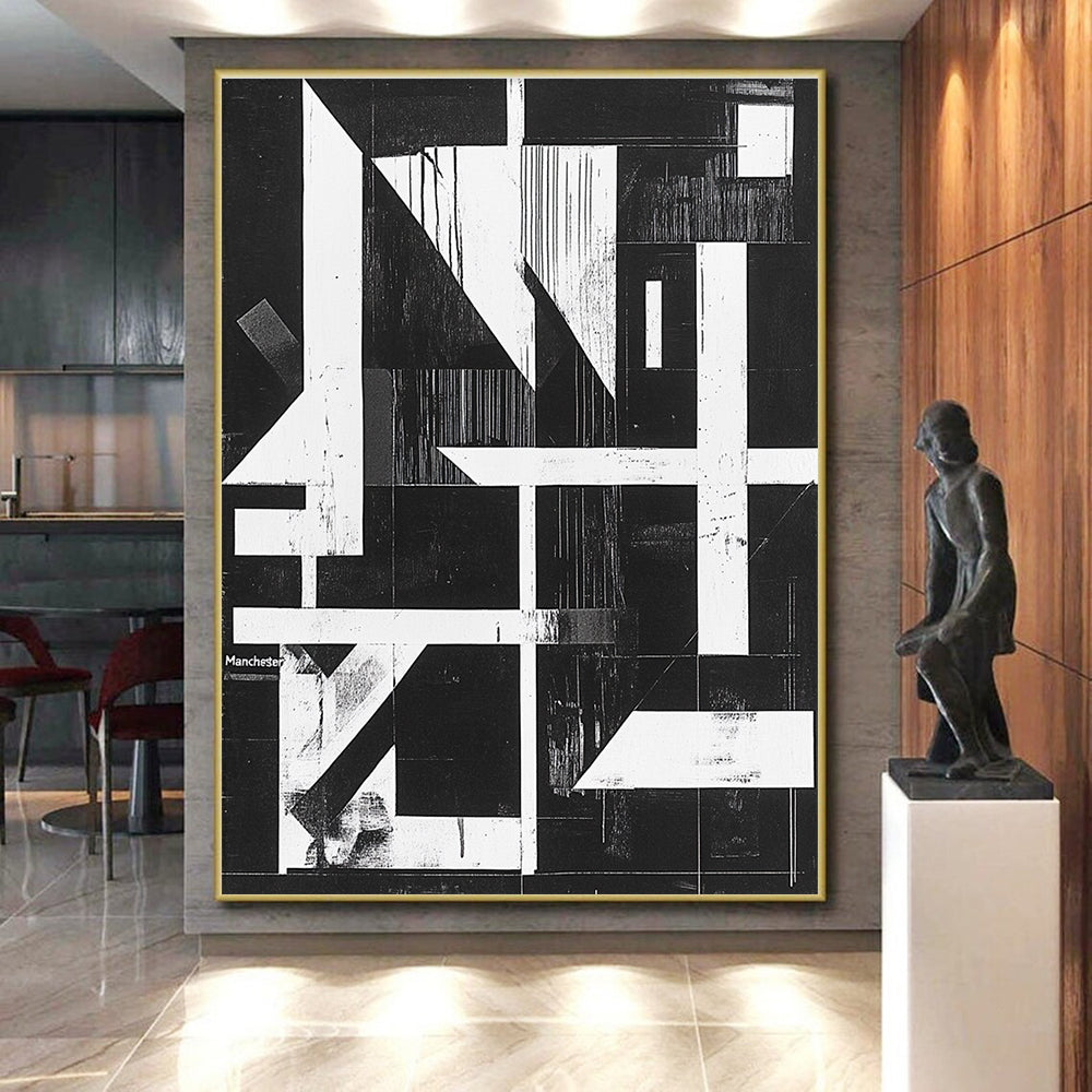 Geometric Black and White Abstract Painting with Structural Intrigue WINK145