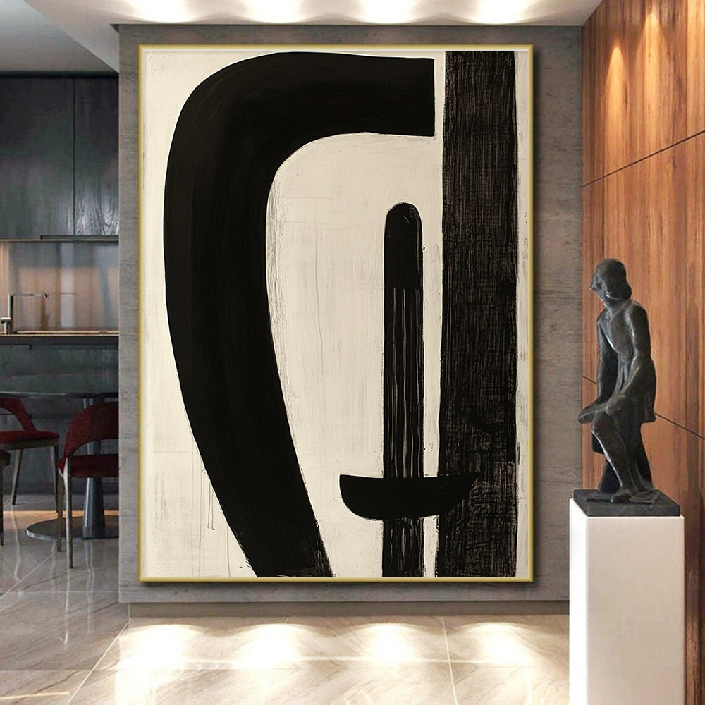 Black and White Curved Abstract Painting with Playful Shapes WINK246