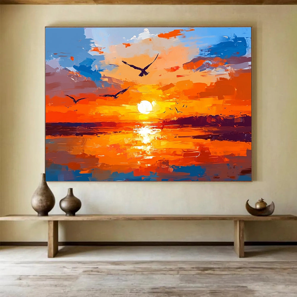 Orange Sunset Abstract Painting with Soaring Avian Energy ABS443