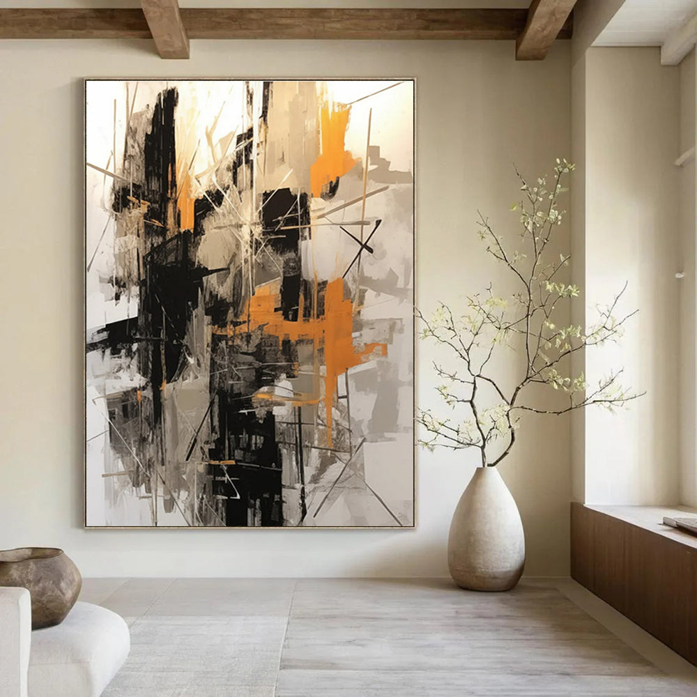 Black - Gray - Orange Abstract Painting for Industrial - Style Lofts HENG116