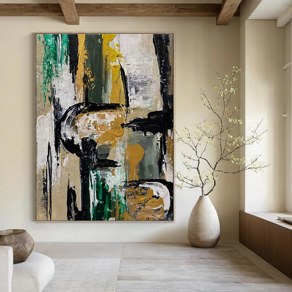 Gold and Green Abstract Painting for Sophisticated Office Receptions HENG468
