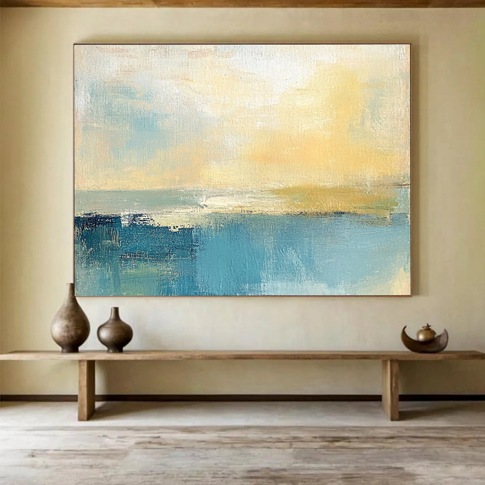 Soft Coastal Abstract Painting with Muted Blues and Yellows ABS245