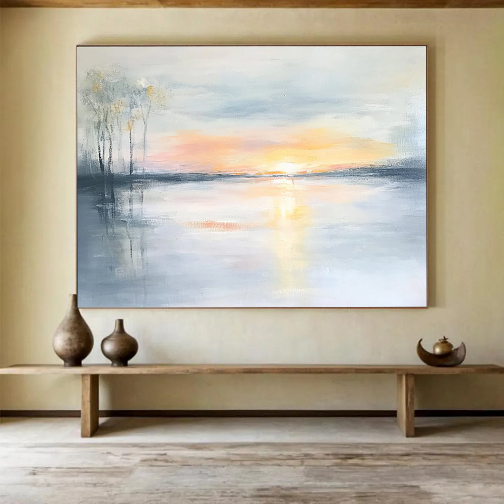 Serene Sunset Lake Abstract Painting with Soft Reflections ABS242