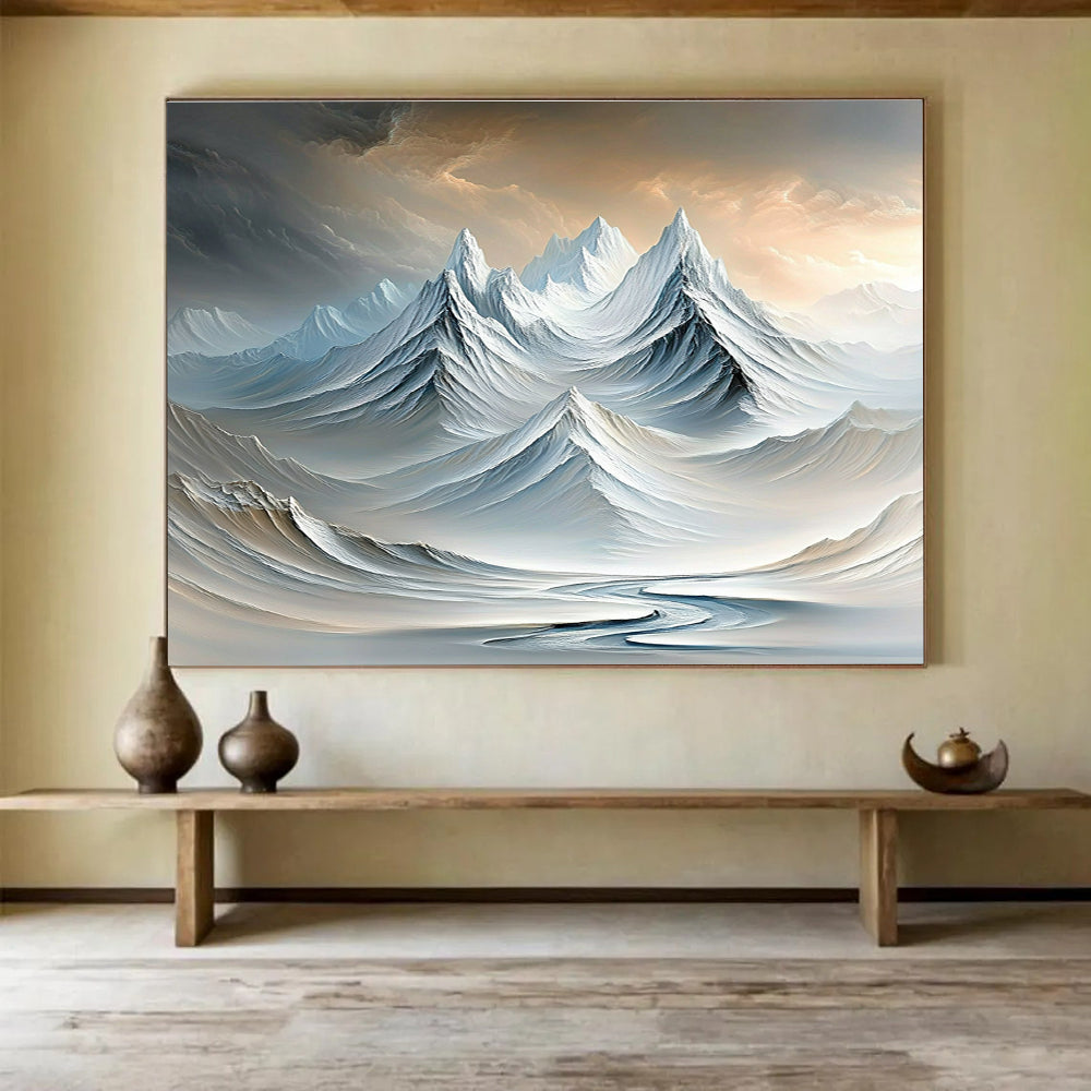 Surreal Snowy Mountain Range Abstract Painting with Dreamlike Beauty ABS609