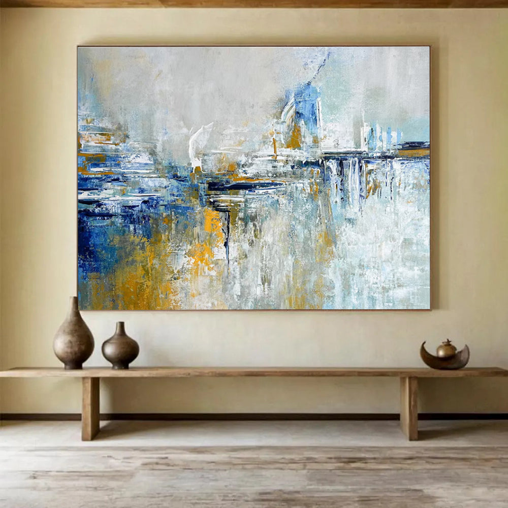 Blue and Gold Abstract Cityscape Painting for Upscale Urban Residences YHT347