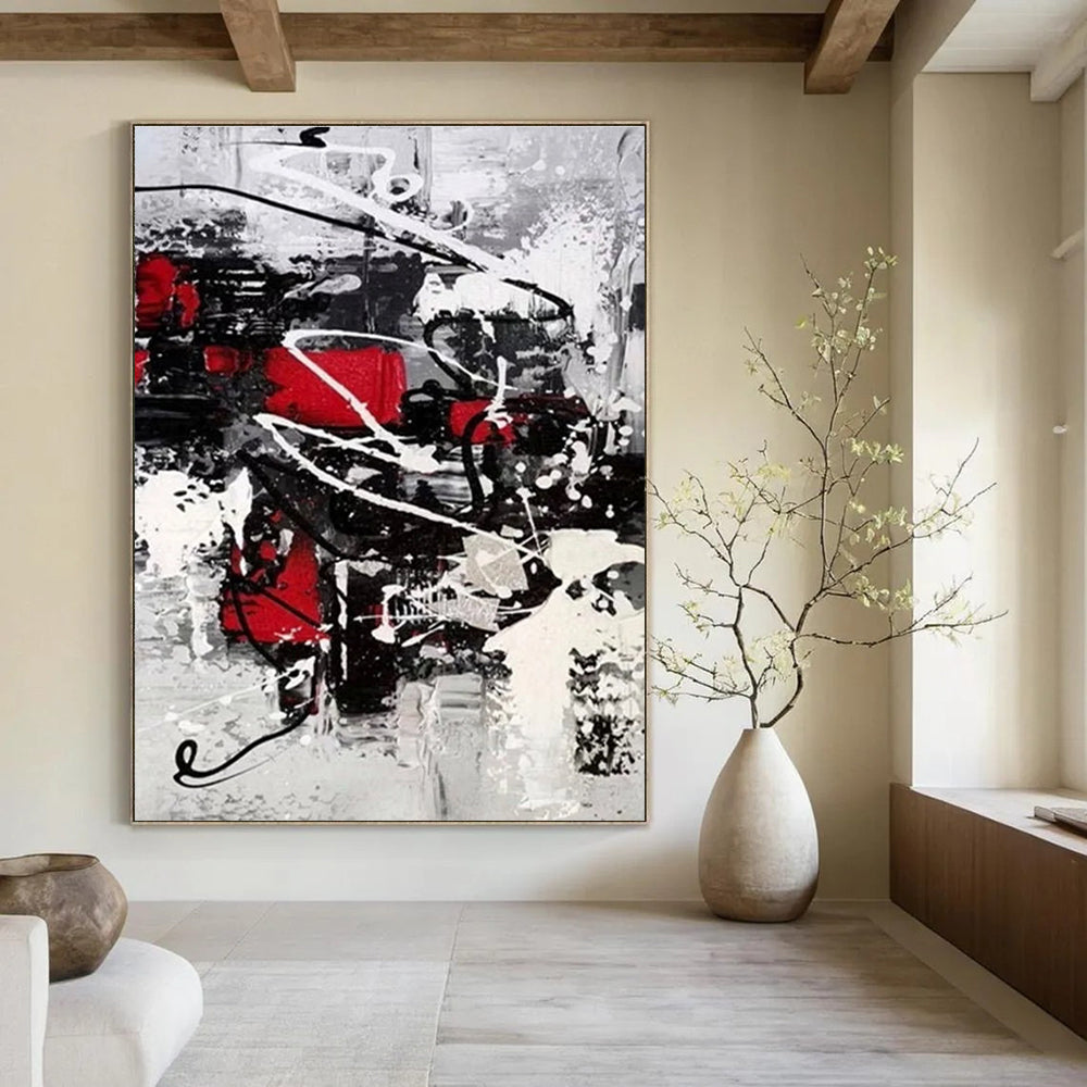Red - Black - White Dynamic Abstract Painting for Creative Studios HENG383