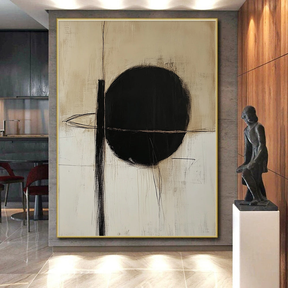 Black Circle and Lines Abstract Painting with Minimalist Drama WINK010