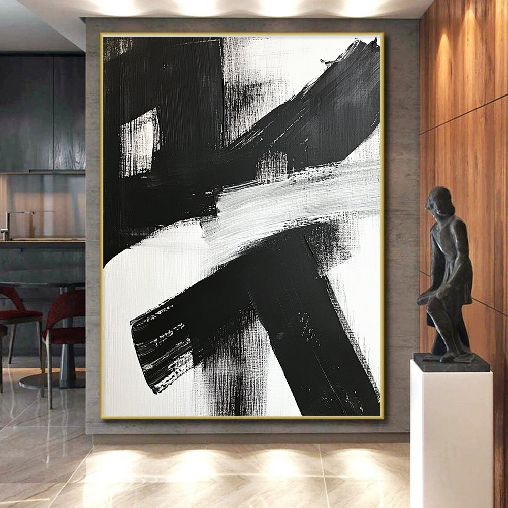 Cross - Shaped Black - White Abstract Painting with Raw Impact WINK359
