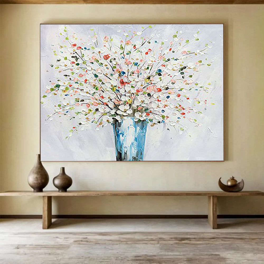 White Flower Vase Abstract Painting for Elegant Living Spaces YHT220