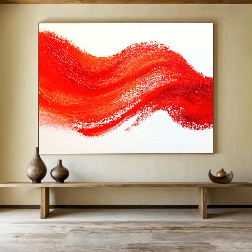 Red Wavy Line on White Abstract Painting with Bold Simplicity ABS606
