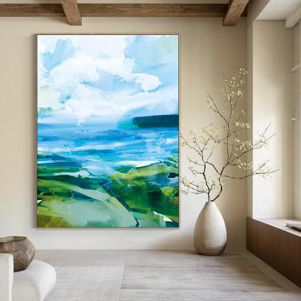 Vibrant Blue - Green Landscape Abstract Painting for Nature - Inspired Cafés HENG183
