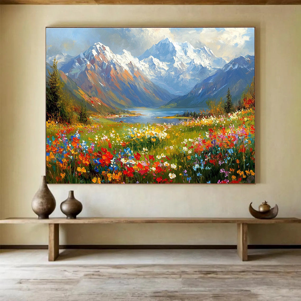 Colorful Mountain Lake Meadow Painting with Vibrant Natural Beauty ABS577