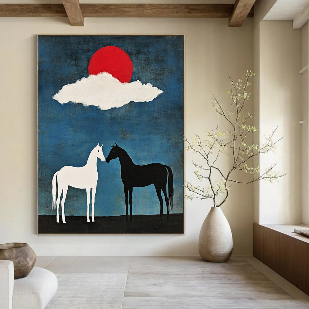 Symbolic Black and White Horses Under Red Sun Abstract Painting GAB0035